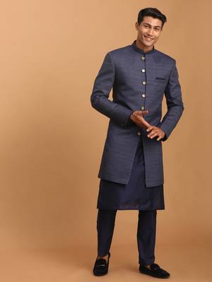 navy blue cotton sherwani and pyjama set - stitched 1