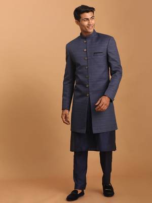 navy blue cotton sherwani and pyjama set - stitched 2