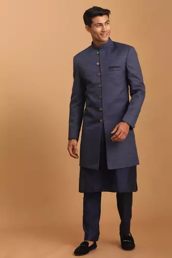 navy blue cotton sherwani and pyjama set - stitched