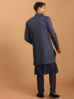 navy blue cotton sherwani and pyjama set - stitched 3