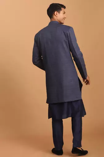 navy blue cotton sherwani and pyjama set - stitched