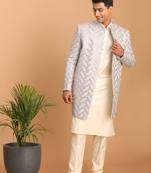 Men'S Aqua And Cream Silk Blend Ethnic Combo Set