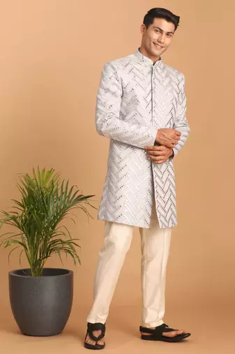Aqua Silk Blend Sherwani Set