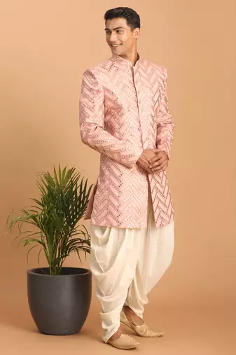 pink indowestern style mirror work sherwani