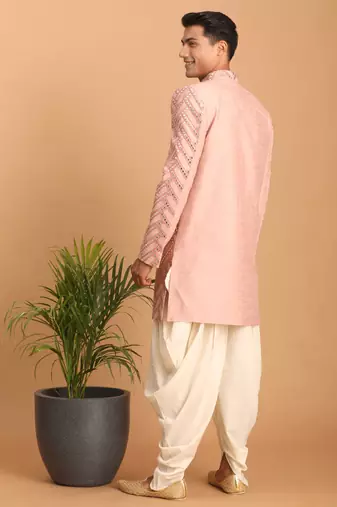 pink indowestern style mirror work sherwani