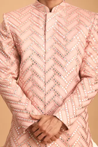pink indowestern style mirror work sherwani