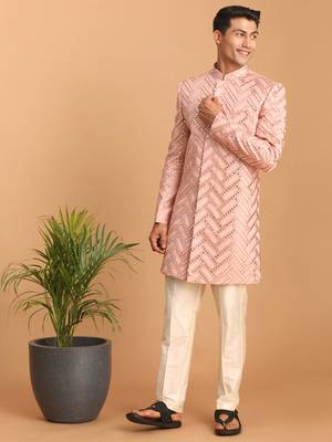 Light Pink Silk Sherwani for Men Featuring Sequin Embroidery 2