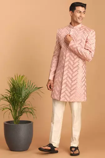 Light Pink Silk Sherwani for Men Featuring Sequin Embroidery