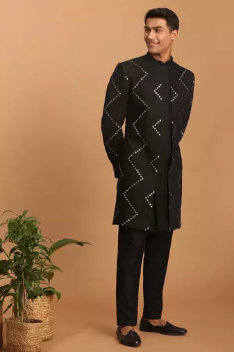 Black Viscose Sherwani Set