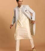 Men'S Grey And Cream Cotton Blend Ethnic Combo Set