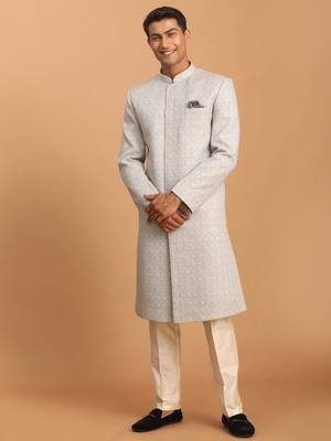 Grey And Cream Cotton Blend Sherwani Set 1