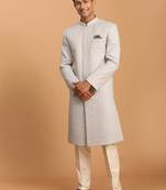 Grey And Cream Cotton Blend Sherwani Set