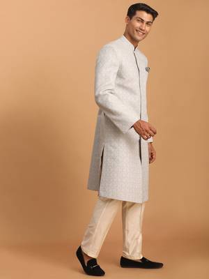 Grey And Cream Cotton Blend Sherwani Set 2