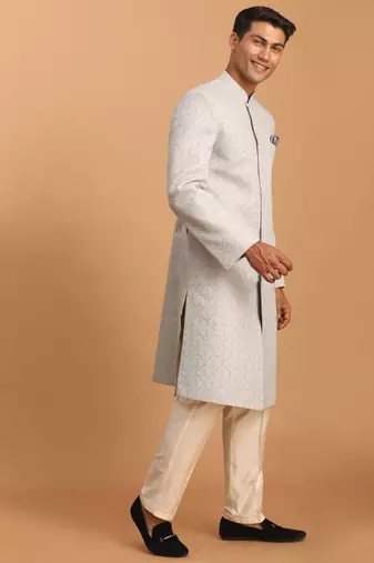 Grey And Cream Cotton Blend Sherwani Set
