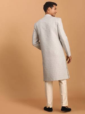 Grey And Cream Cotton Blend Sherwani Set 3