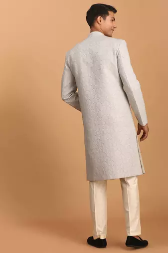 Grey And Cream Cotton Blend Sherwani Set