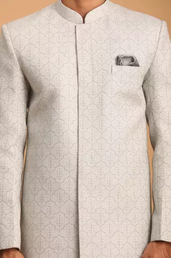 Grey And Cream Cotton Blend Sherwani Set