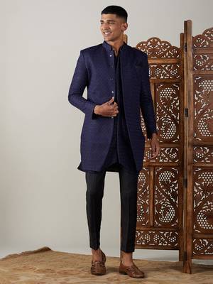 Navy Blue And Black Silk Blend Sherwani Set 1