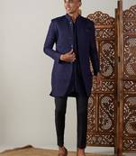 Navy Blue And Black Silk Blend Sherwani Set