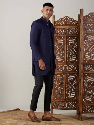Navy Blue And Black Silk Blend Sherwani Set 2