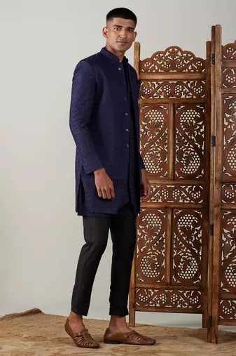Navy Blue And Black Silk Blend Sherwani Set