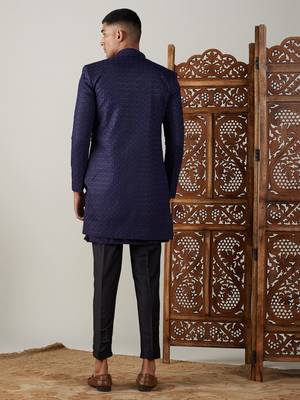 Navy Blue And Black Silk Blend Sherwani Set 3