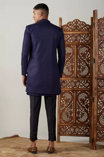 Navy Blue And Black Silk Blend Sherwani Set