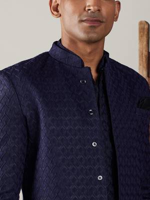 Navy Blue And Black Silk Blend Sherwani Set 4