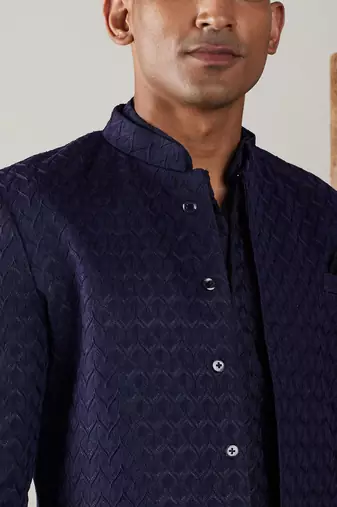 Navy Blue And Black Silk Blend Sherwani Set