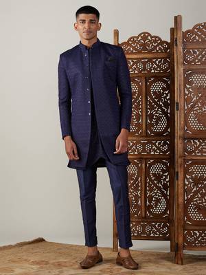 Navy Blue Silk Blend Sherwani Set 1