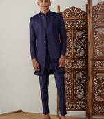 Navy Blue Silk Blend Sherwani Set