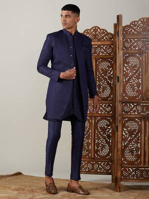 Navy Blue Silk Blend Sherwani Set 2