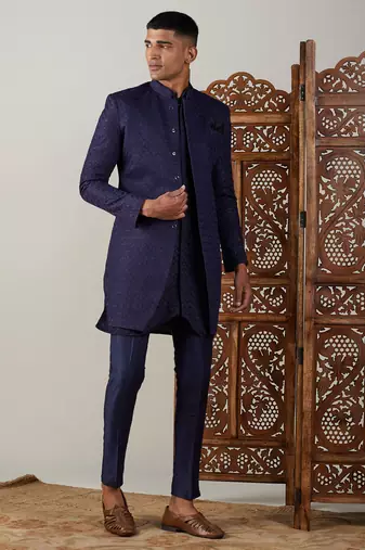 Navy Blue Silk Blend Sherwani Set