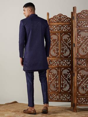 Navy Blue Silk Blend Sherwani Set 3