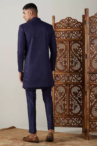 Navy Blue Silk Blend Sherwani Set