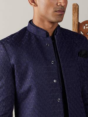 Navy Blue Silk Blend Sherwani Set 4