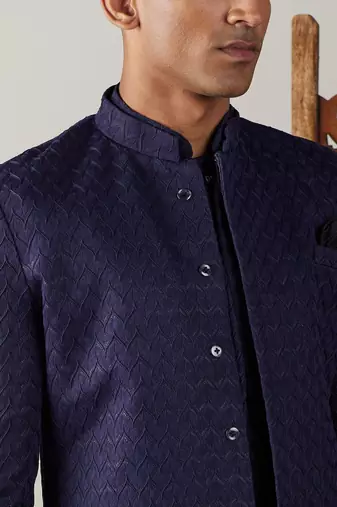 Navy Blue Silk Blend Sherwani Set