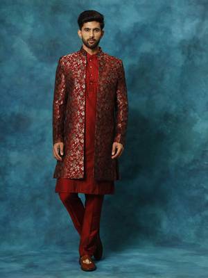 Maroon Viscose Brocade Pattern Men Sherwani Set 1