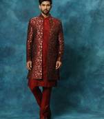 Maroon Viscose Brocade Pattern Men Sherwani Set