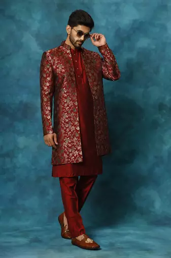 Maroon Viscose Brocade Pattern Men Sherwani Set