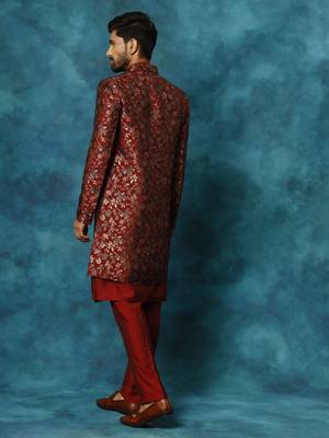 Maroon Viscose Brocade Pattern Men Sherwani Set 3