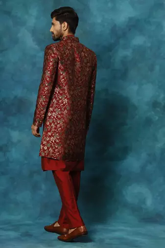 Maroon Viscose Brocade Pattern Men Sherwani Set