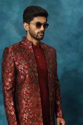 Maroon Viscose Brocade Pattern Men Sherwani Set