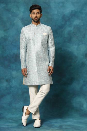 Vastramay men's mint green and cream silk blend sherwani set