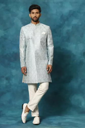 Vastramay men's mint green and cream silk blend sherwani set