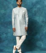 men's mint green and cream silk blend sherwani set