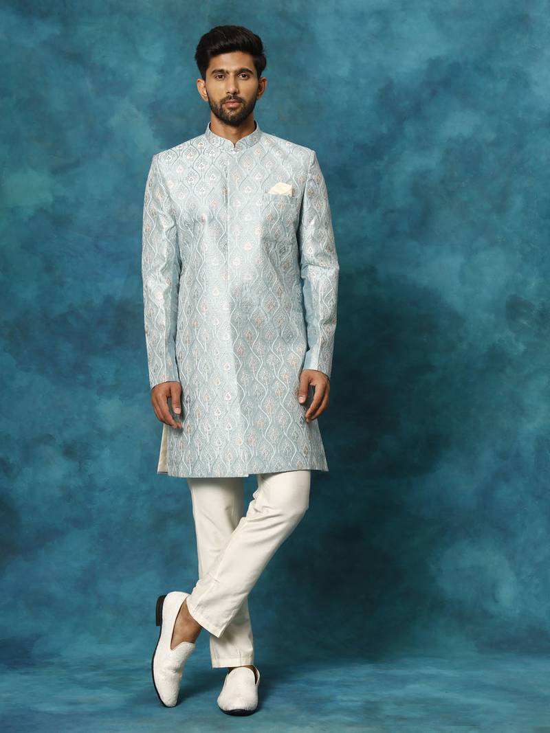 Vastramay men's mint green and cream silk blend sherwani set