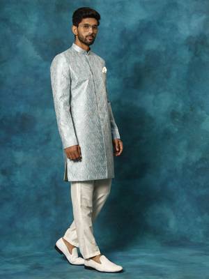 mint green and cream silk blend sherwani set 2