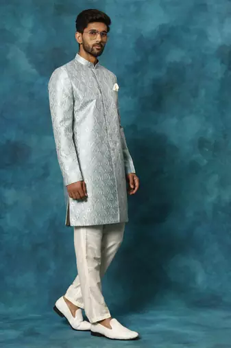 mint green and cream silk blend sherwani set