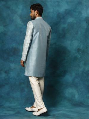 mint green and cream silk blend sherwani set 3